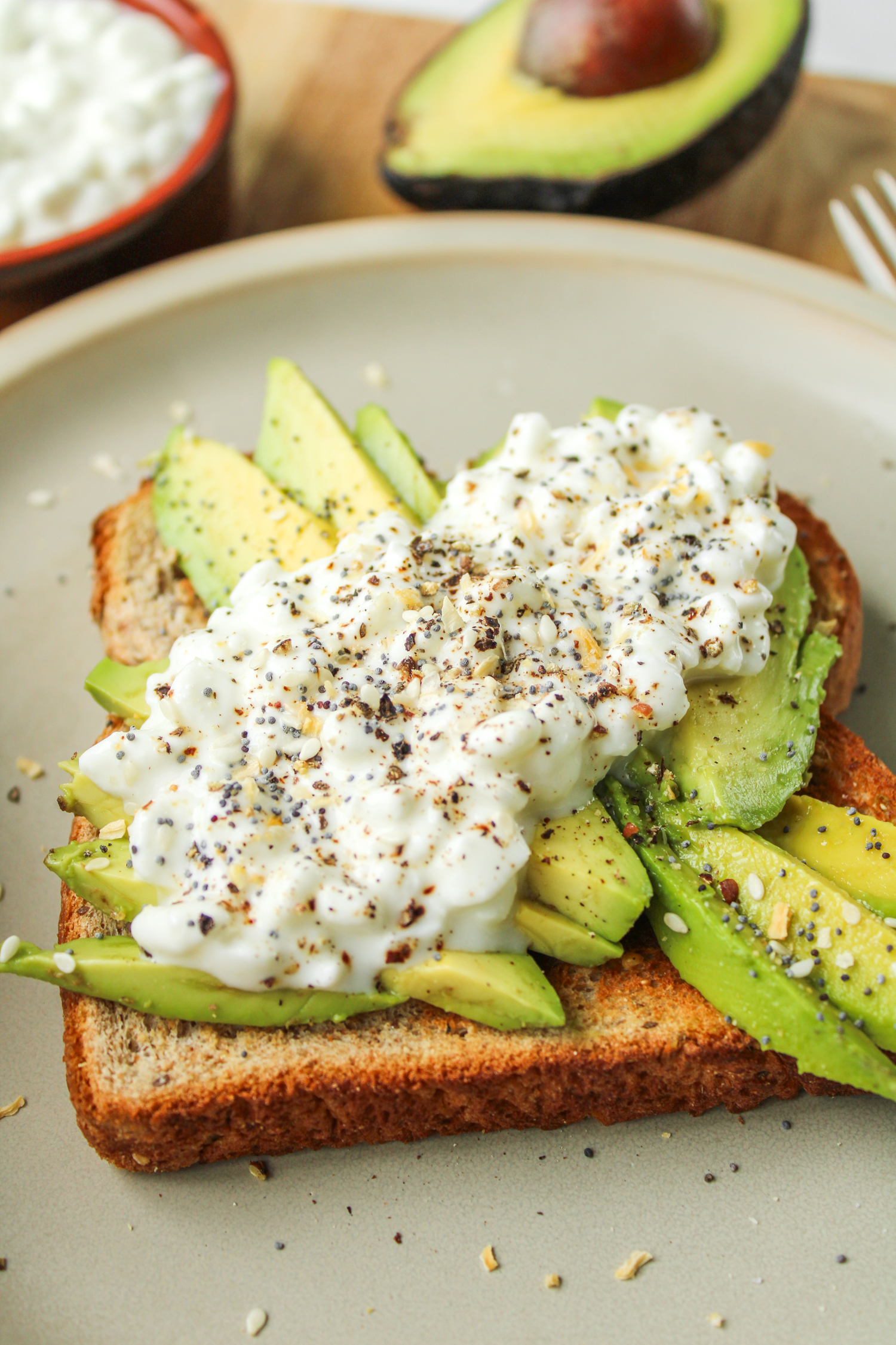 side profile of avocado toast with cottage cheese 