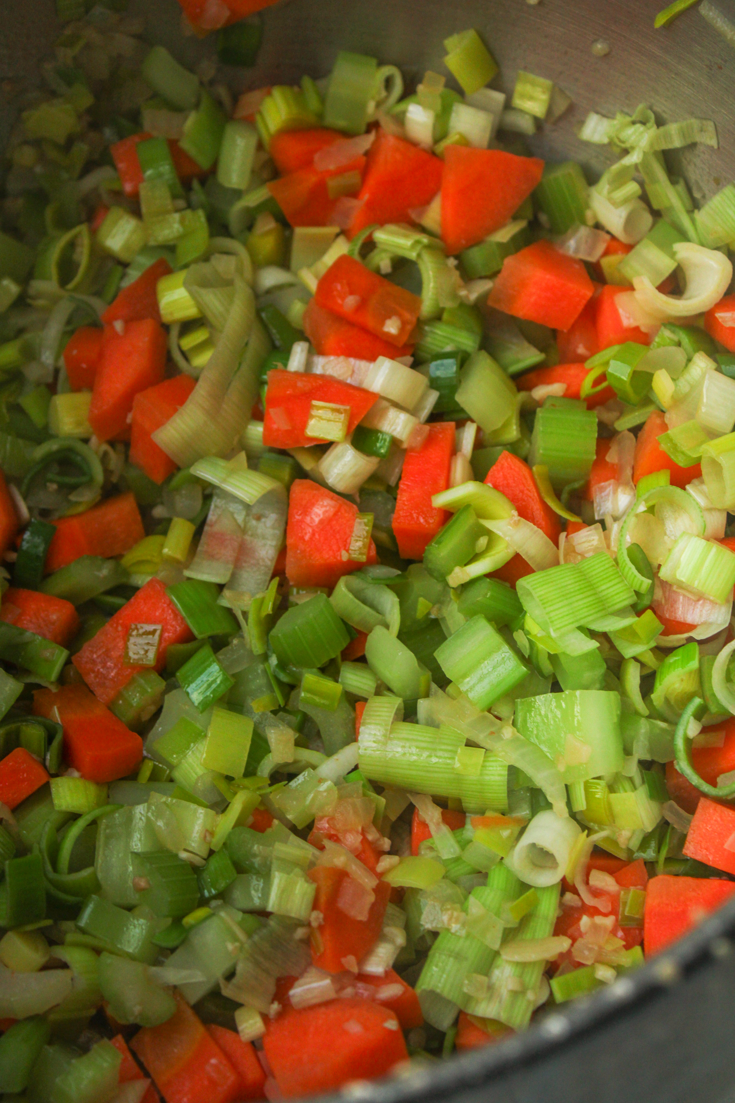 chopped carrots, leeks and celery in a large pot