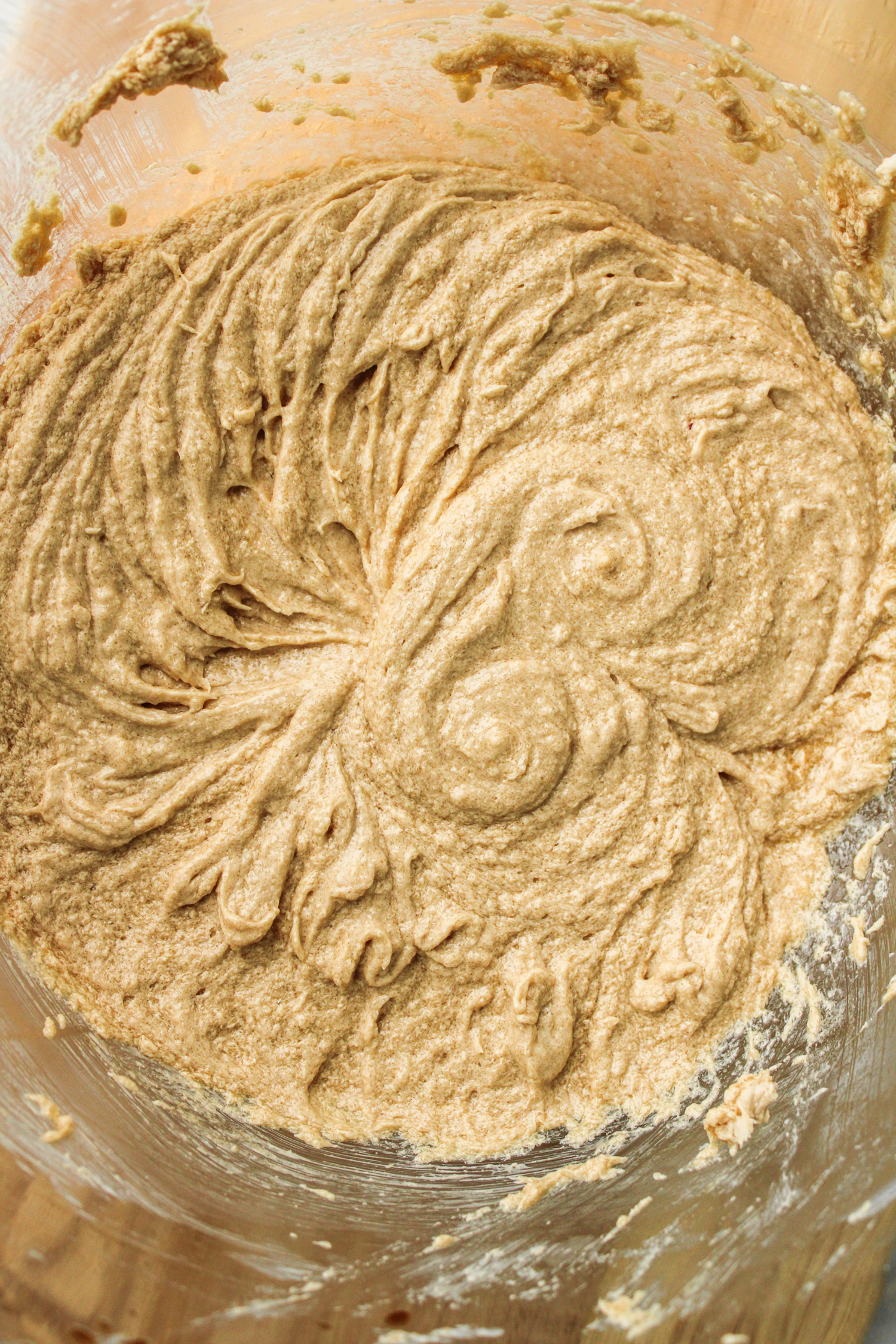 whipped butter and sugar in a large glass bowl