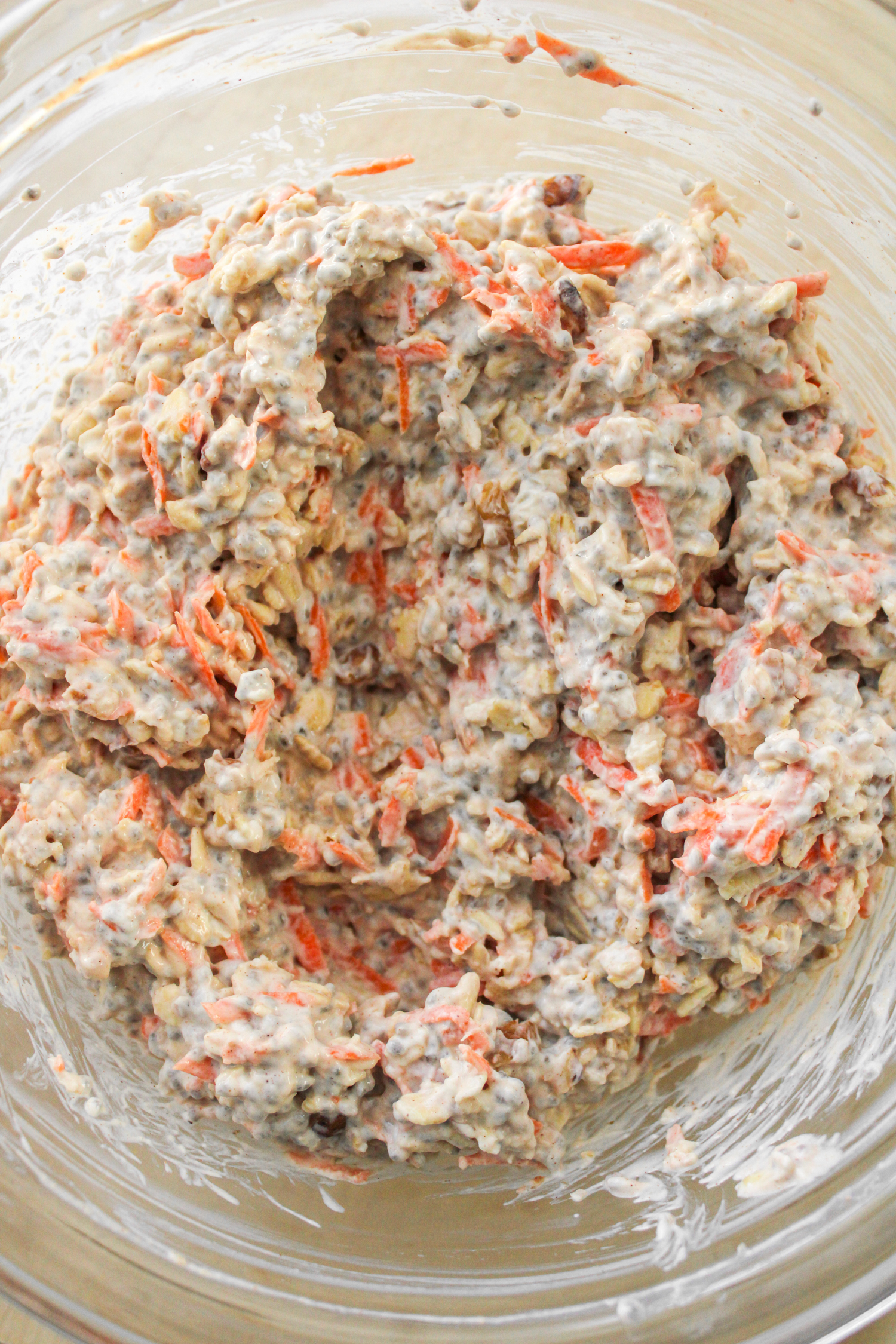 carrot overnight oats batter in a large glass bowl