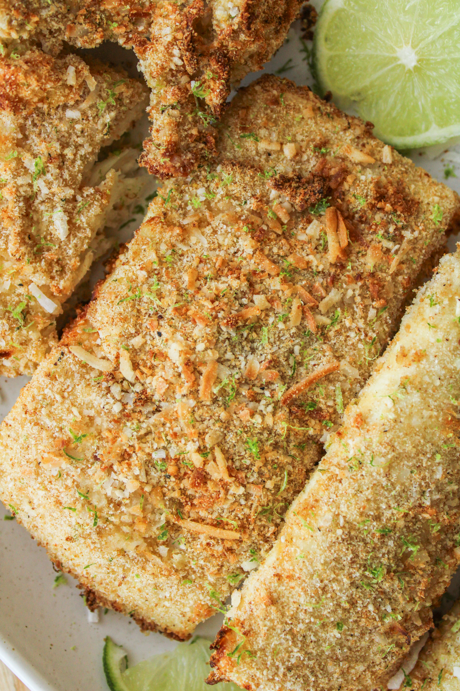 close up shot of coconut lime air fryer halibut fillets